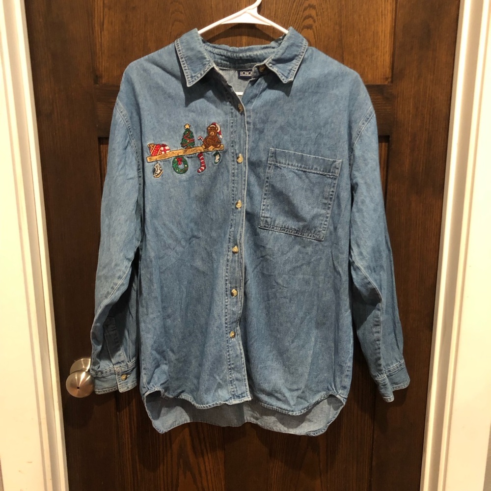 Vintage honors Christmas embroidered denim button up